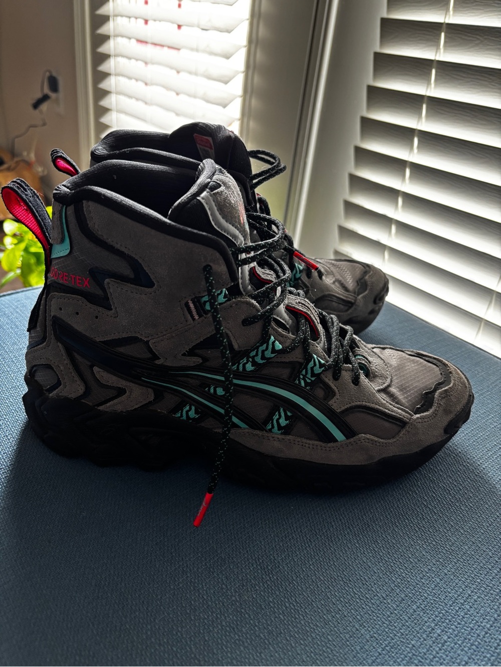 Asics Grey Hiking Boots with Teal and Red Accents
